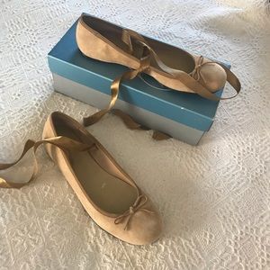 Ballet flats, taupe suede with ribbon ties